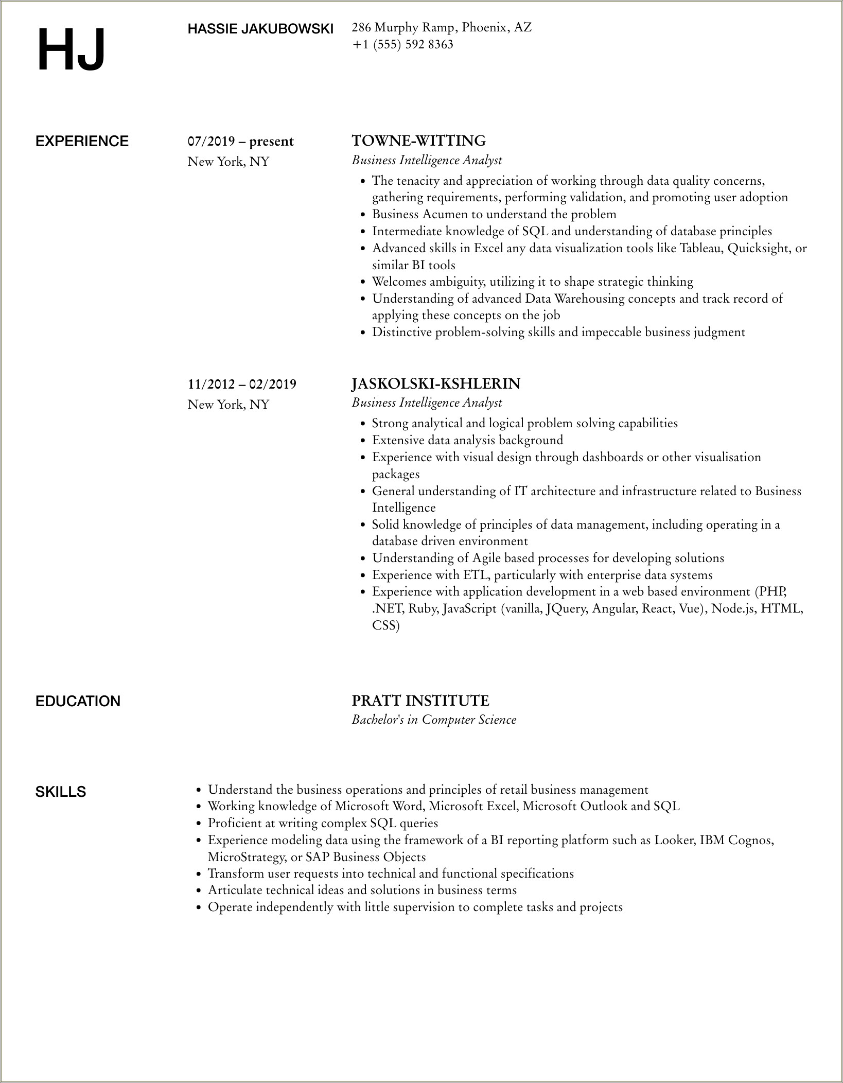 Resume Summary Bullet Points For Business Intelligence