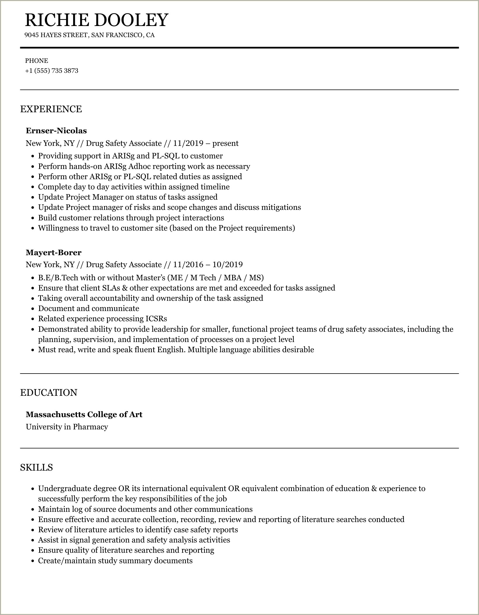 Resume Summary Drug Safety Associate Cv Sample