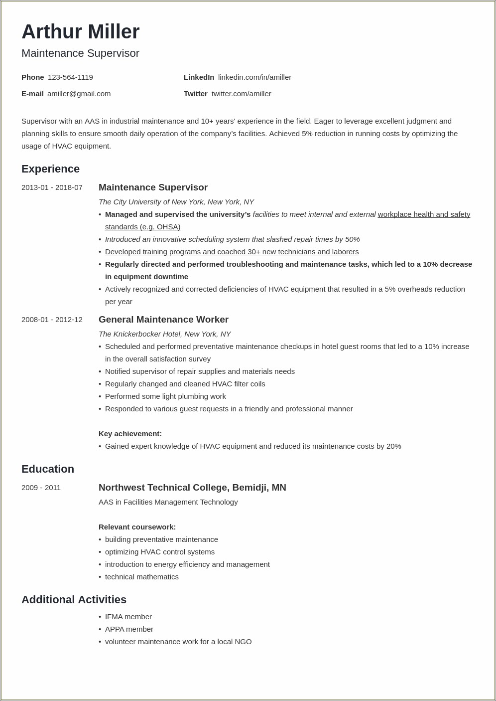 Resume Summary Example For Maintenance Manager