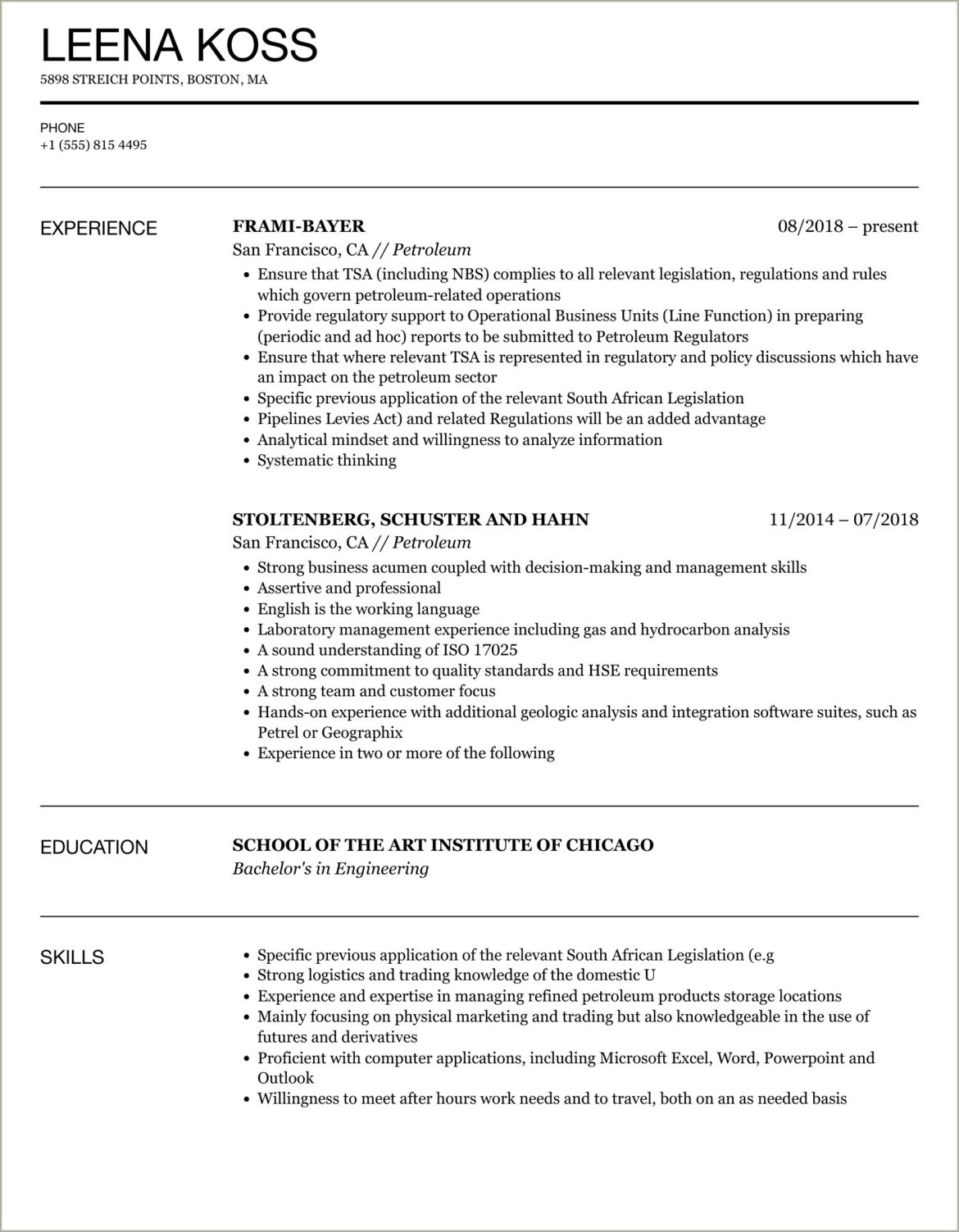 Resume Summary Example For Oil And Gas