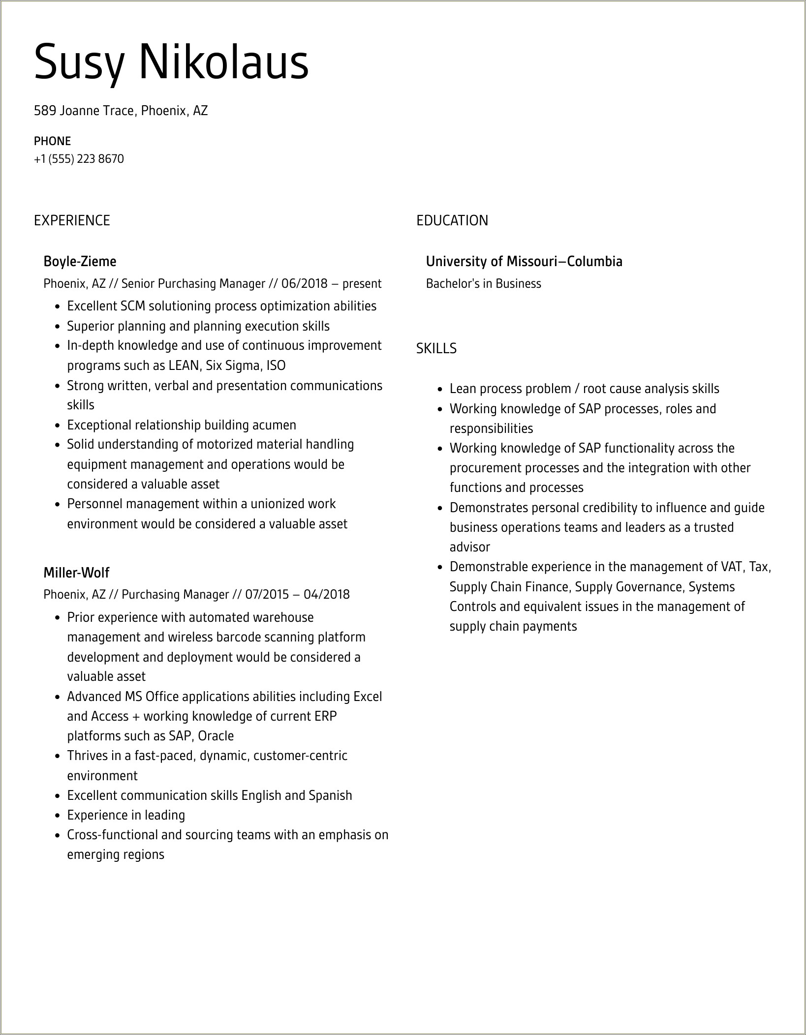 Resume Summary Example For Purchasing Manager