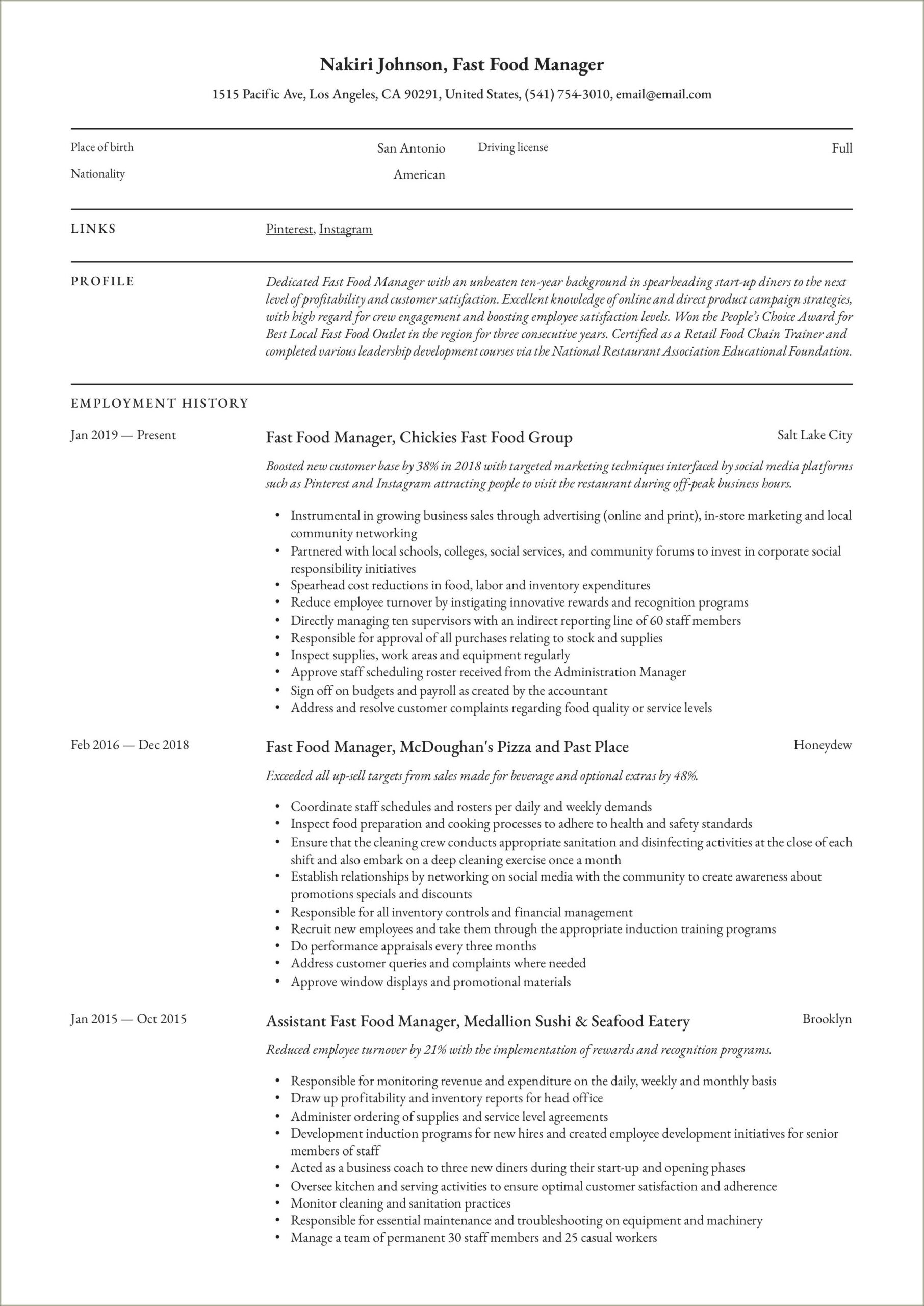 Resume Summary Examples Food Service Manager