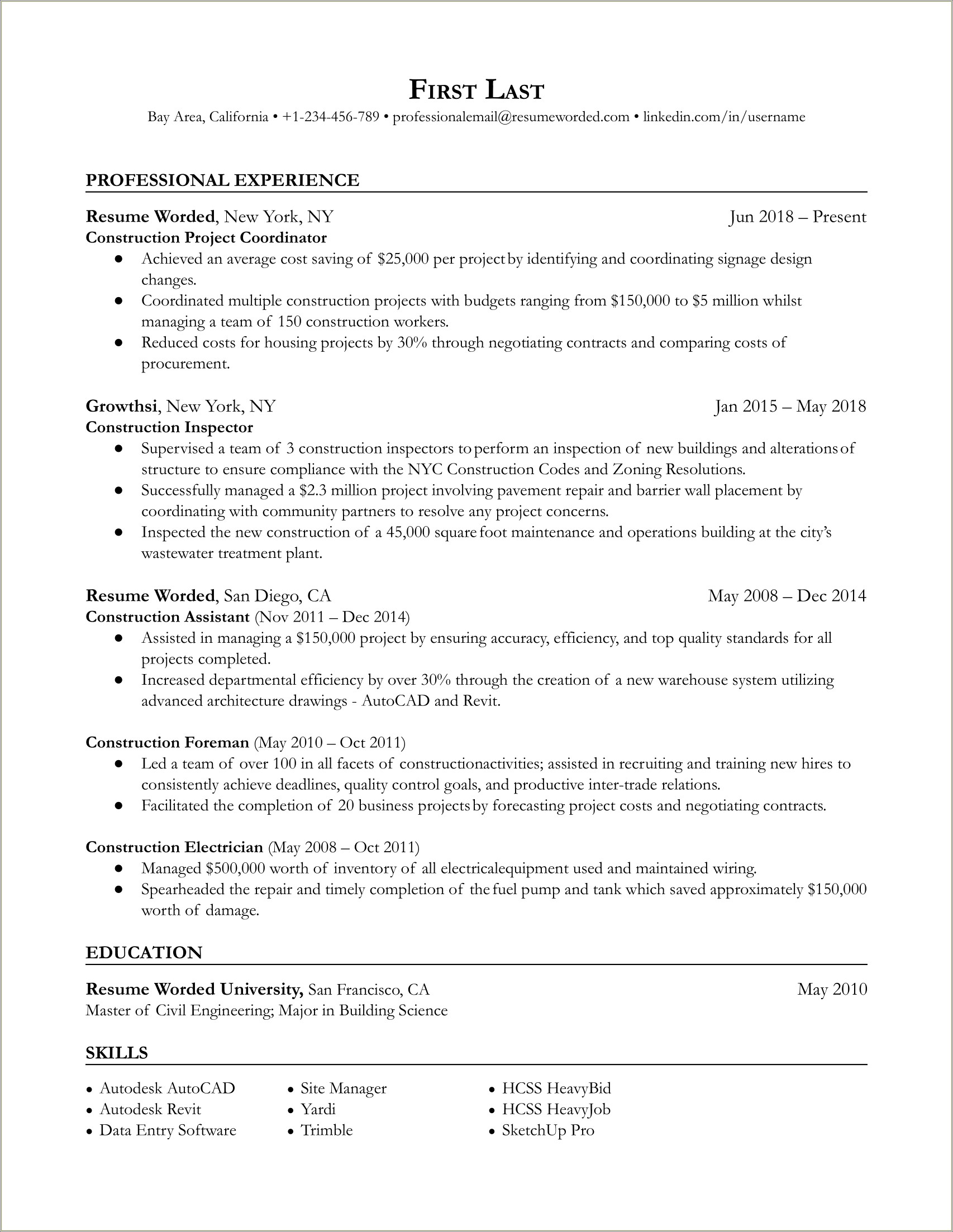 Resume Summary Examples For Construction Foreman