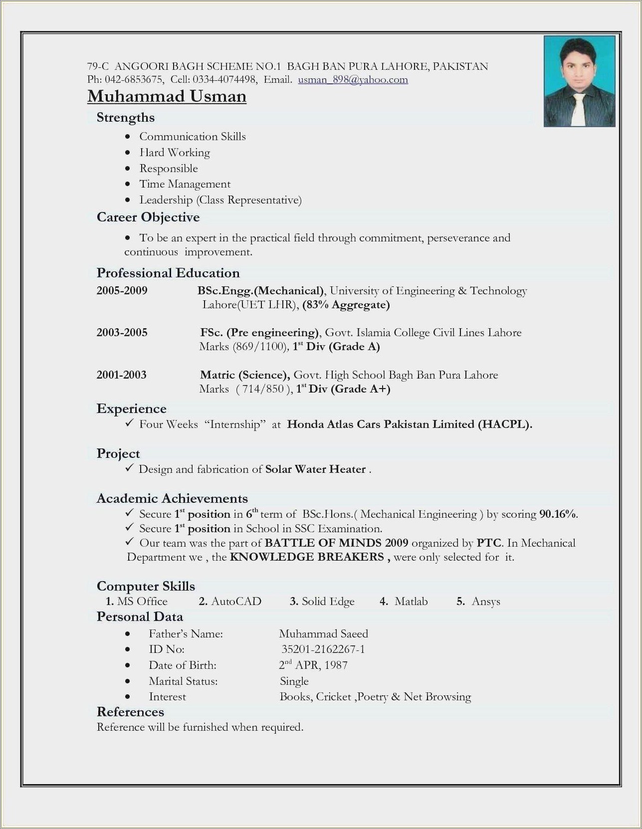 Resume Summary Examples For Engineering Freshers