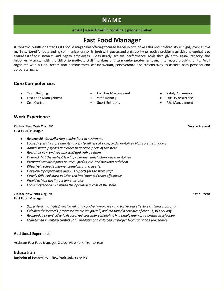 Resume Summary Examples For Fast Food