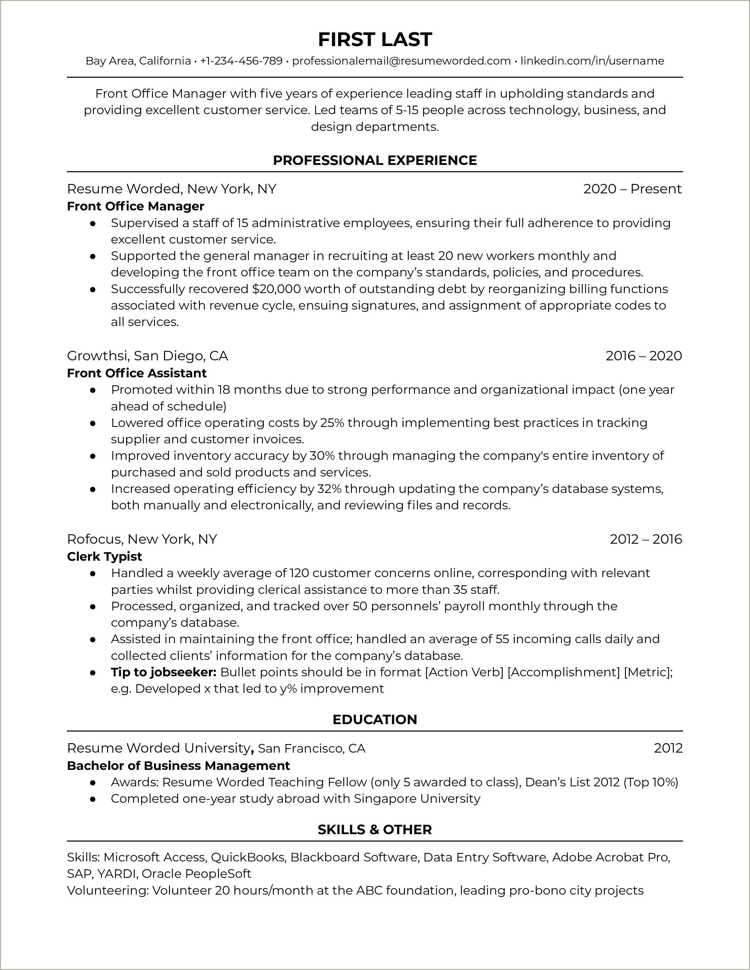 Resume Summary Examples For Front Desk