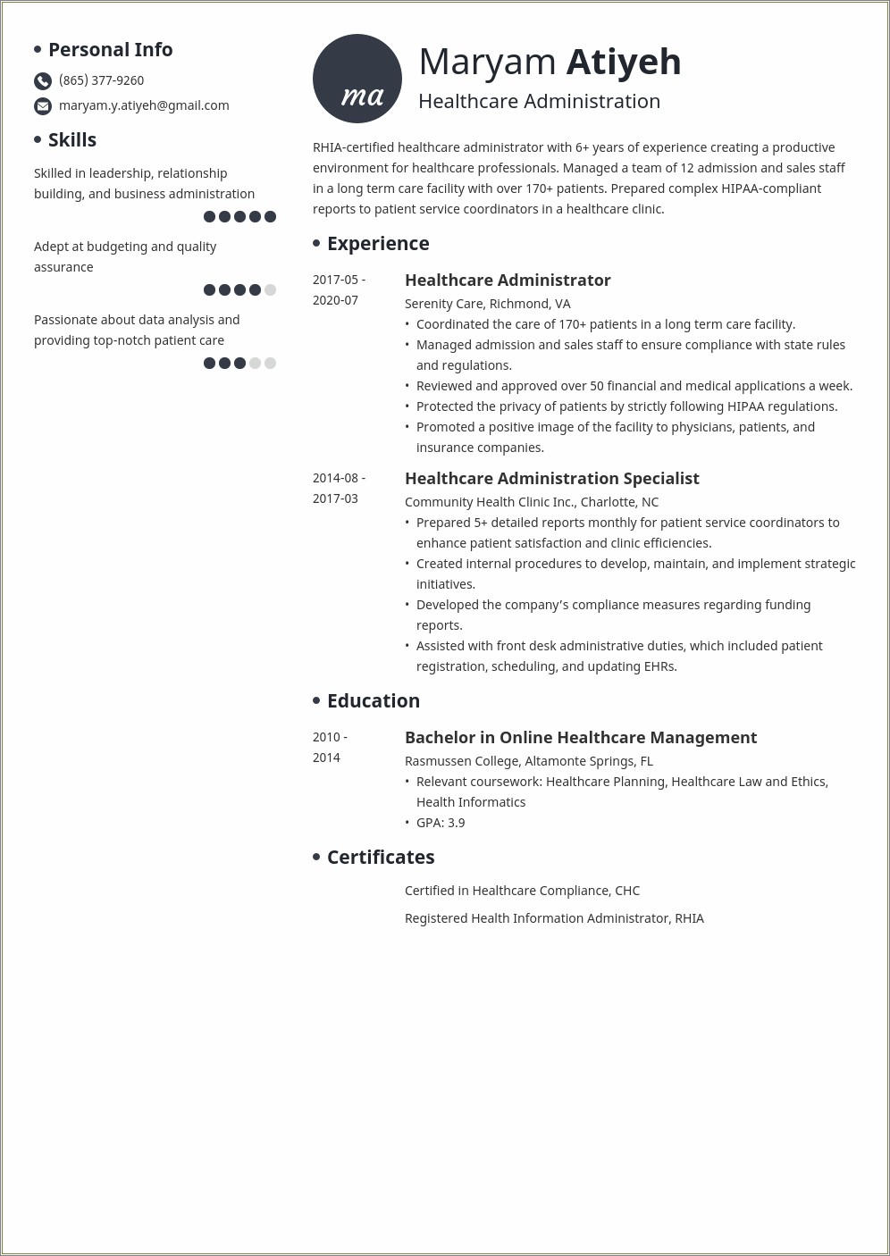 Resume Summary Examples For Healthcare Administration