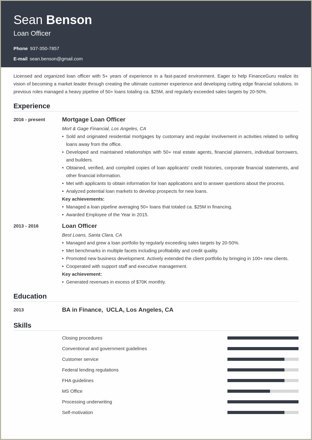 Resume Summary Examples For Loan Officers