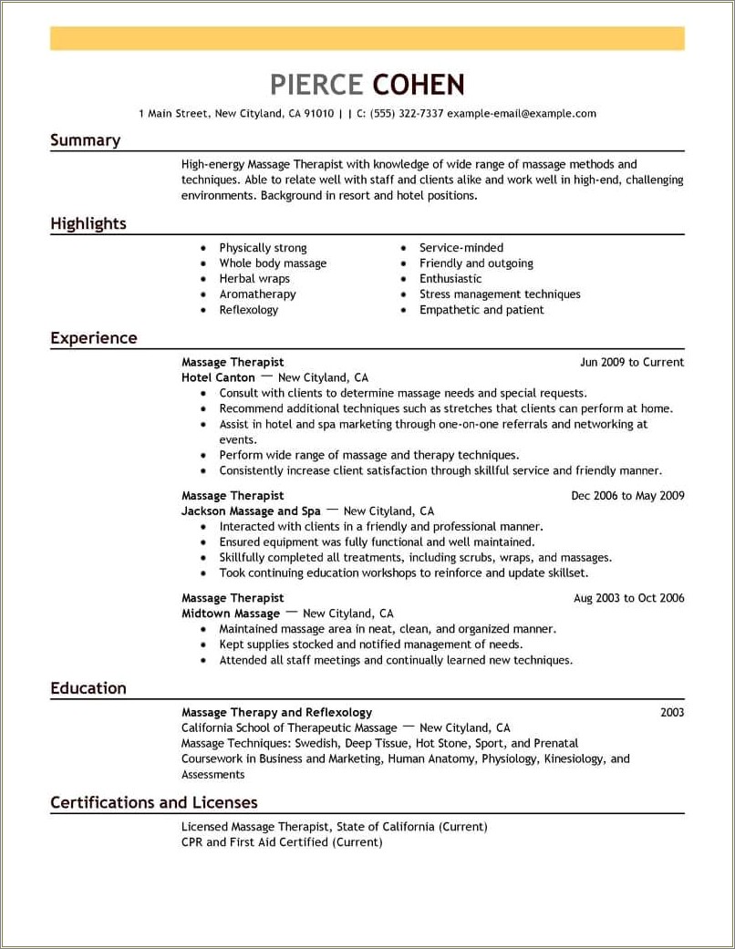 Resume Summary Examples For Massage Therapist