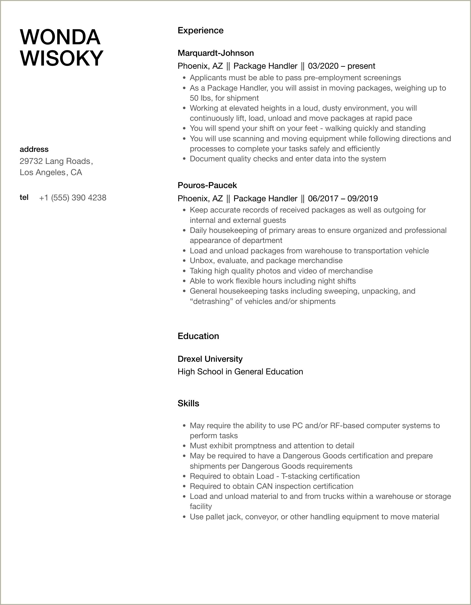 Resume Summary Examples For Material Handler