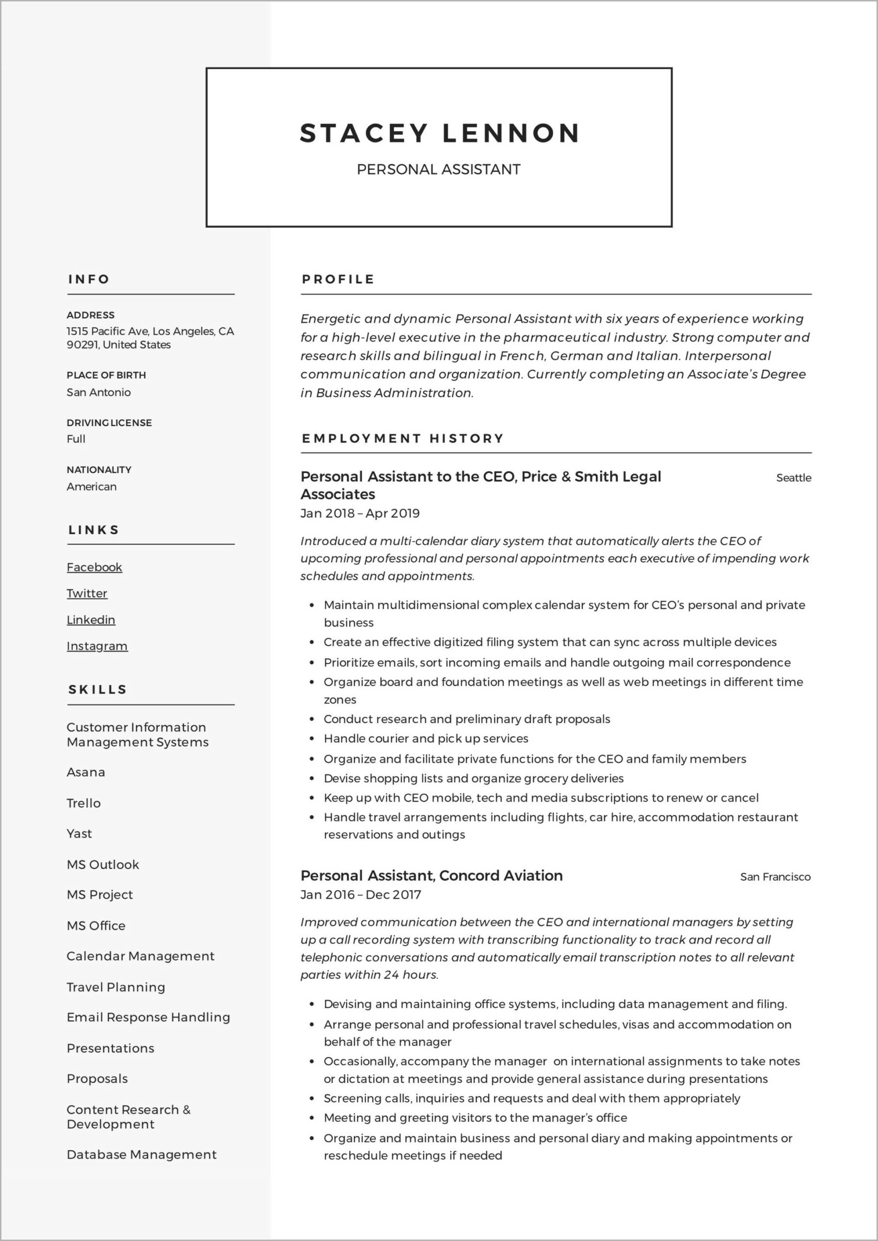 Resume Summary Examples For Personal Assistant