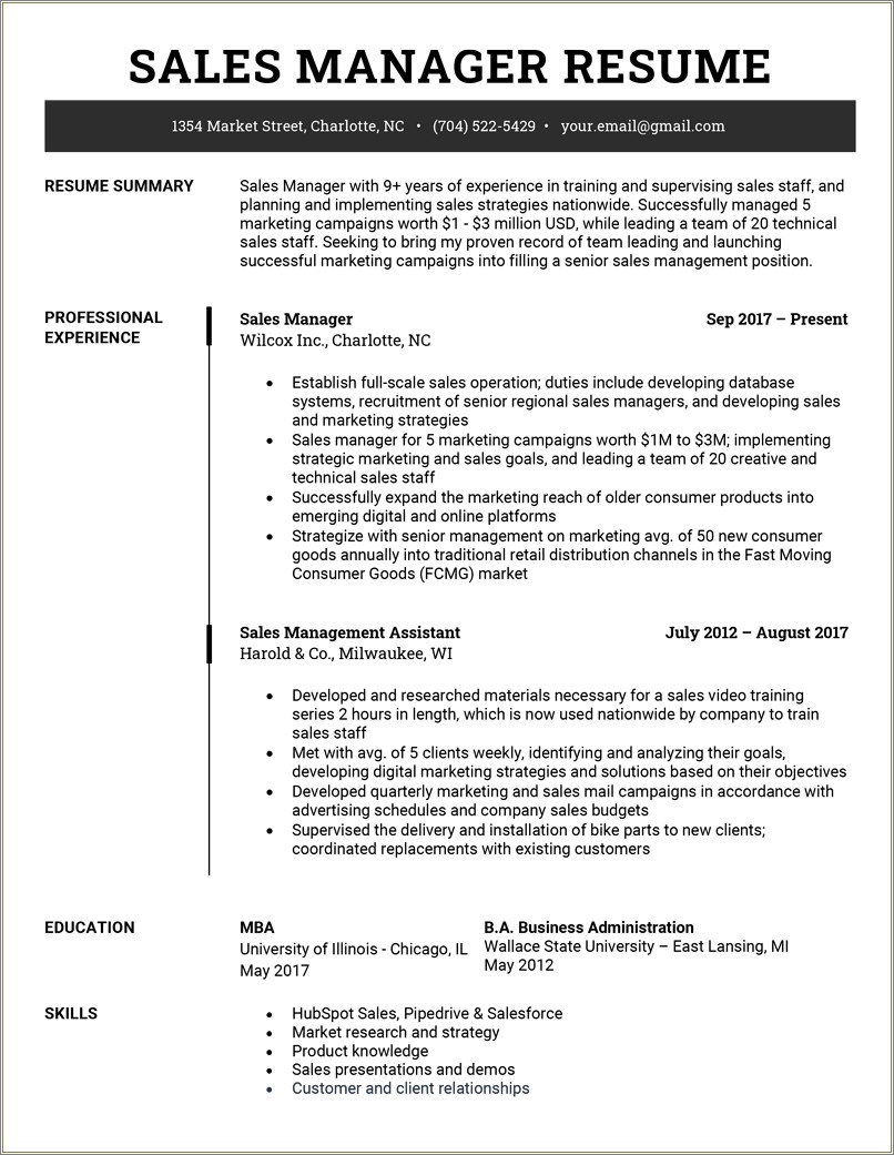 Resume Summary Examples For Sales Manager