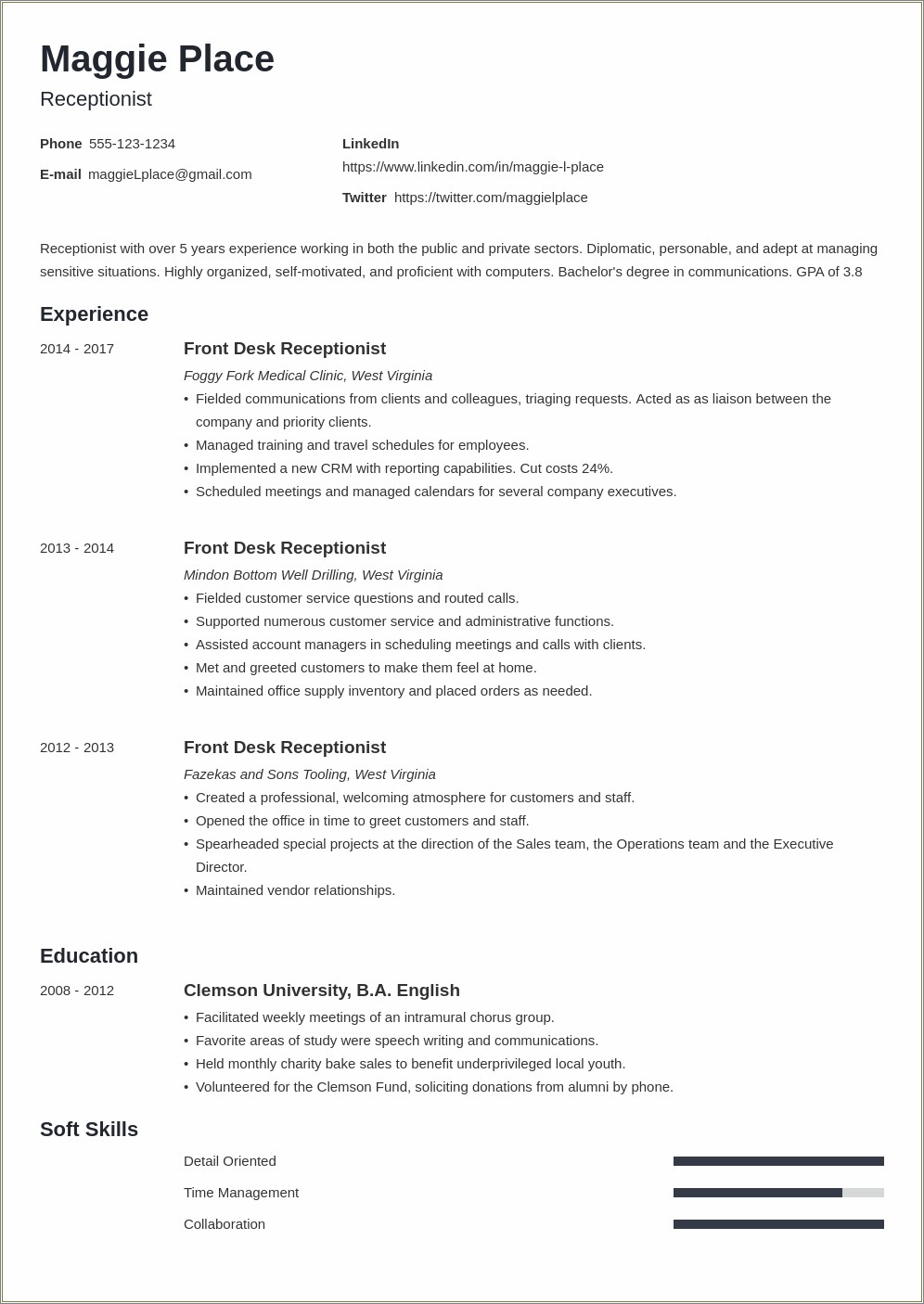 Resume Summary Examples For Spa Receptionist