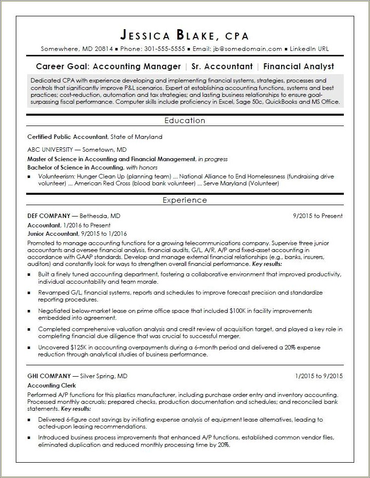 Resume Summary Examples For Staff Accountant