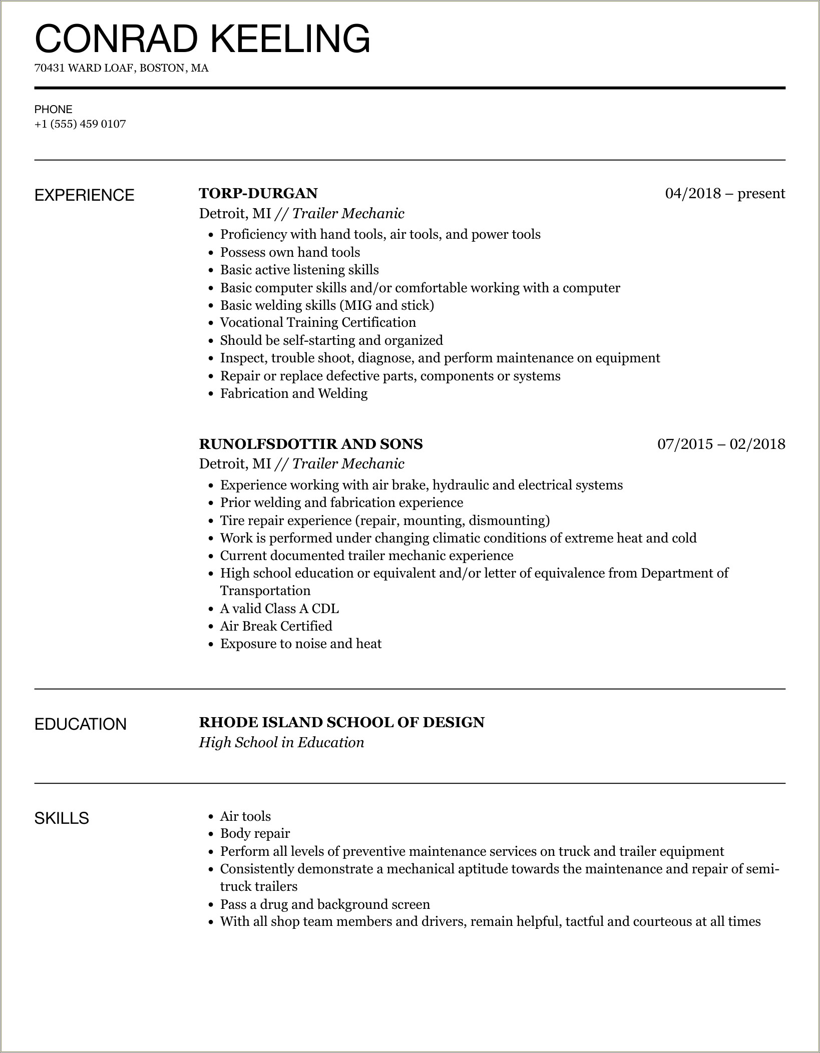 Resume Summary Examples For Trailer Mechanic