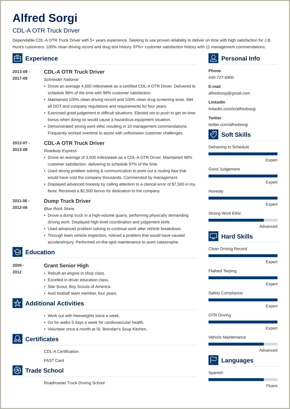 Resume Summary Examples For Truck Drivers Changing Careers