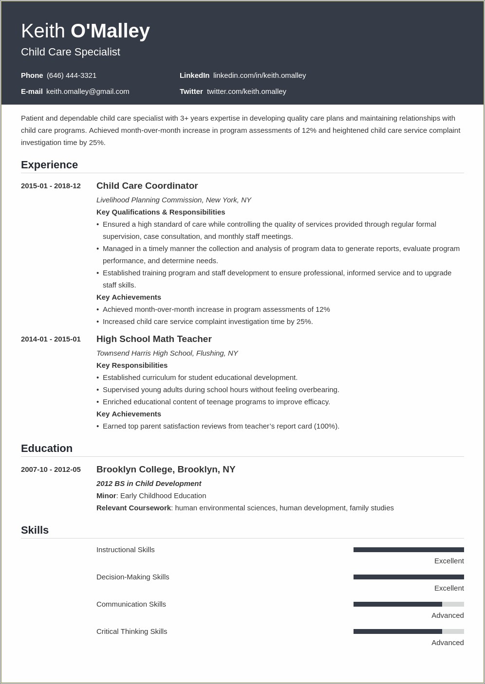 Resume Summary Examples For Working With Kids