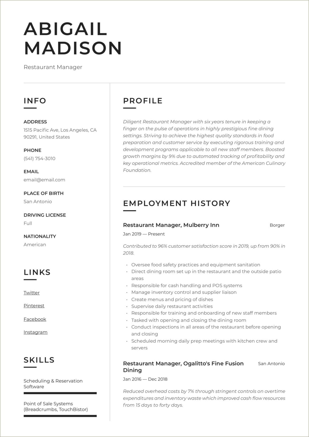 Resume Summary Examples Manager Restaurant Experience