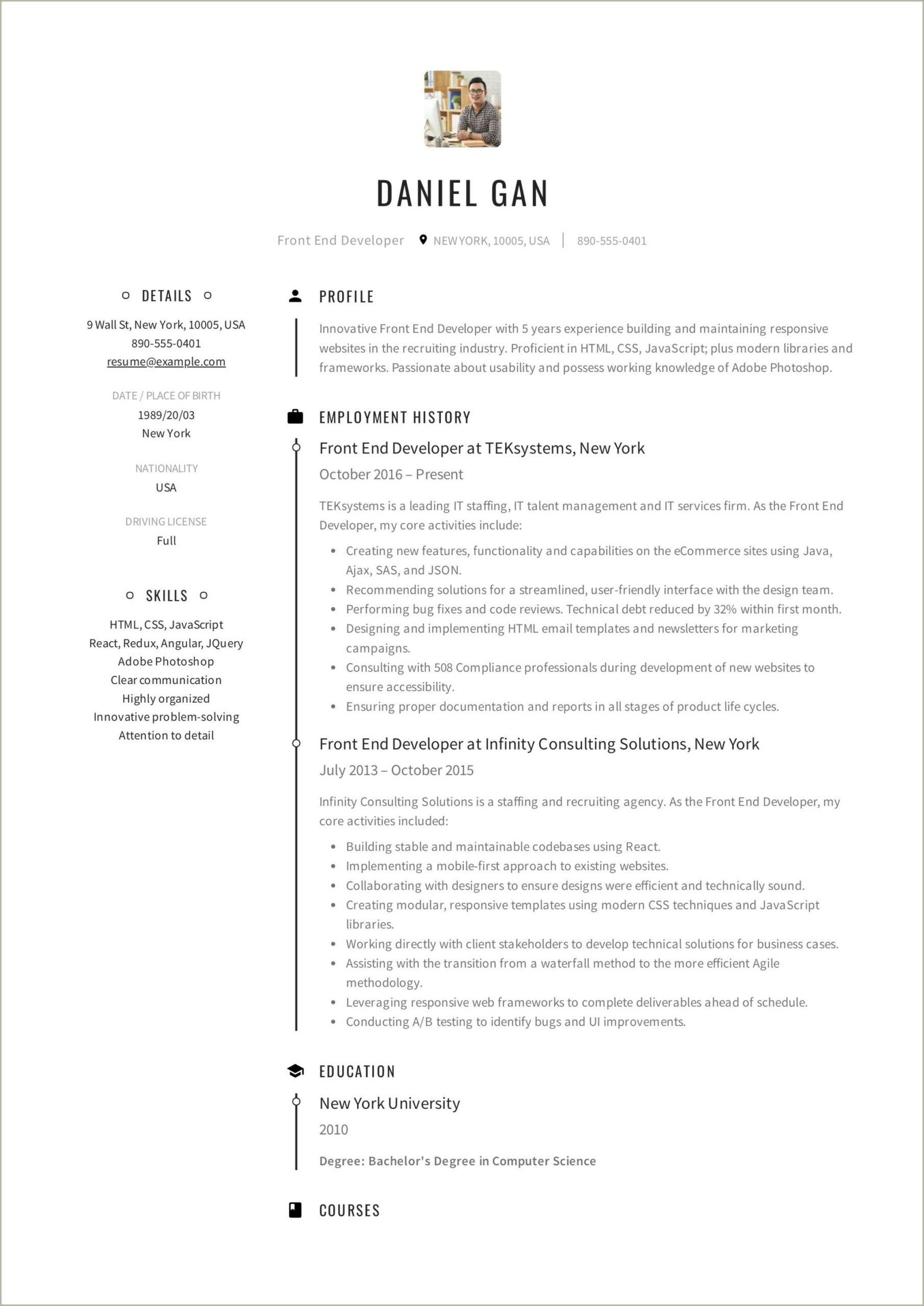 Resume Summary For 1 Year Experience Developer