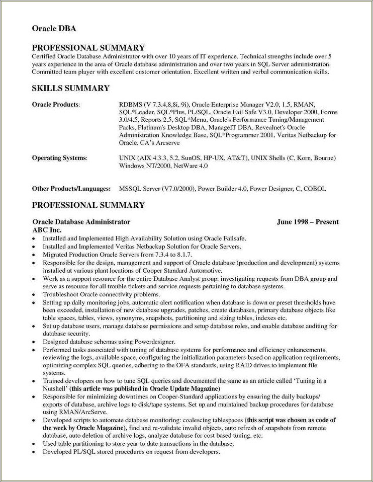 Resume Summary For 1 Year Of Work Exerpience
