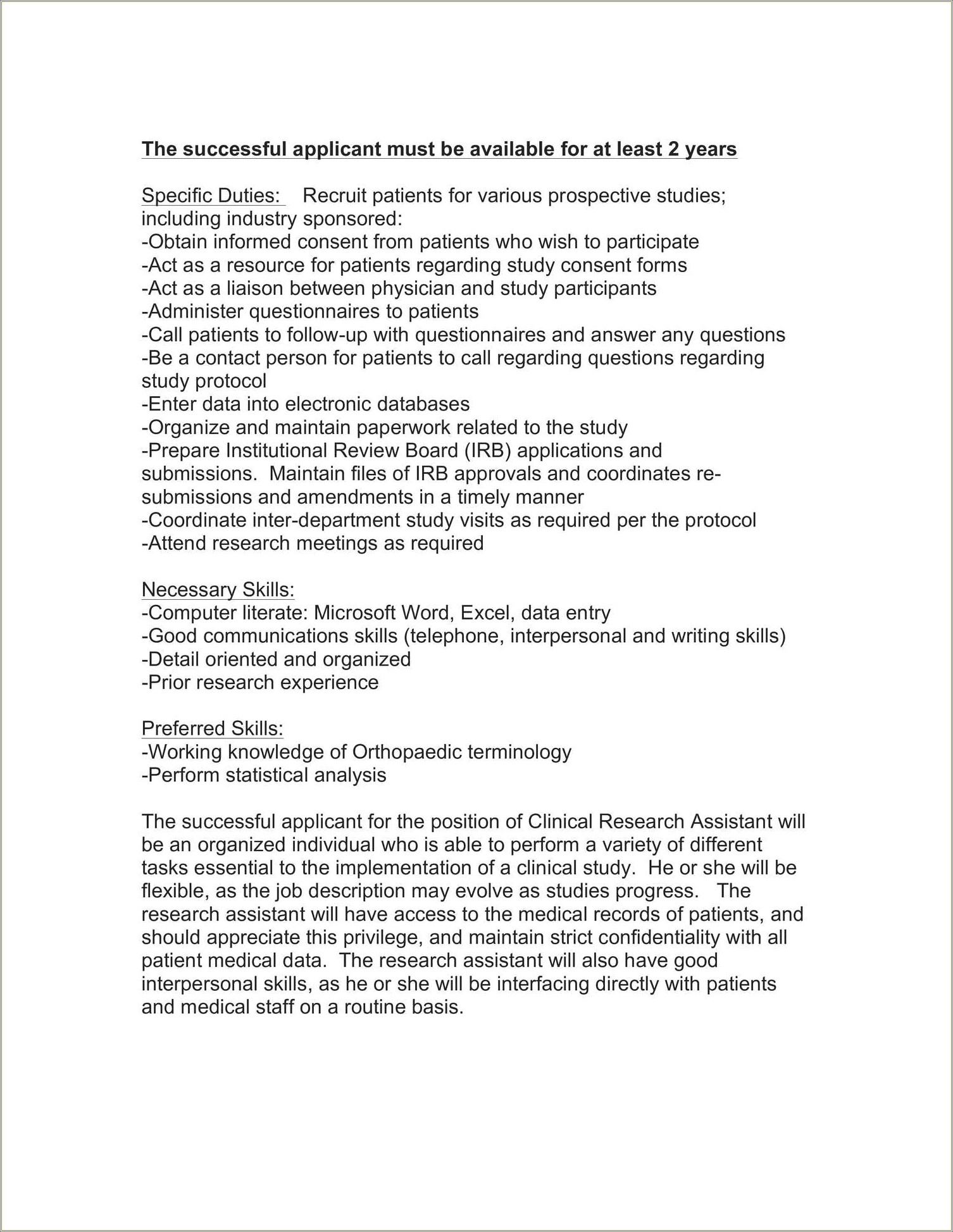 Resume Summary For A Clinical Trials Assistant
