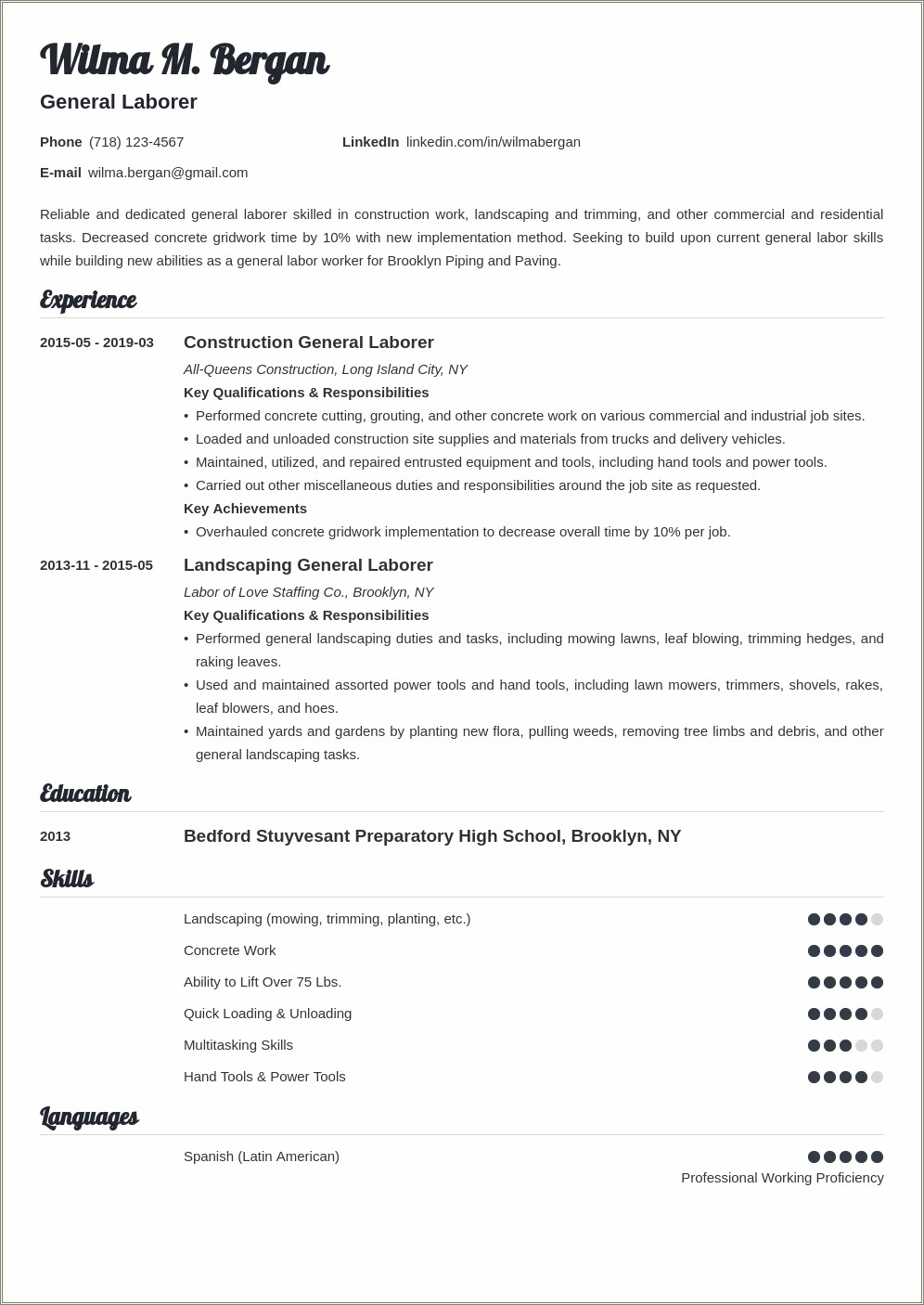 Resume Summary For A Hard Worker