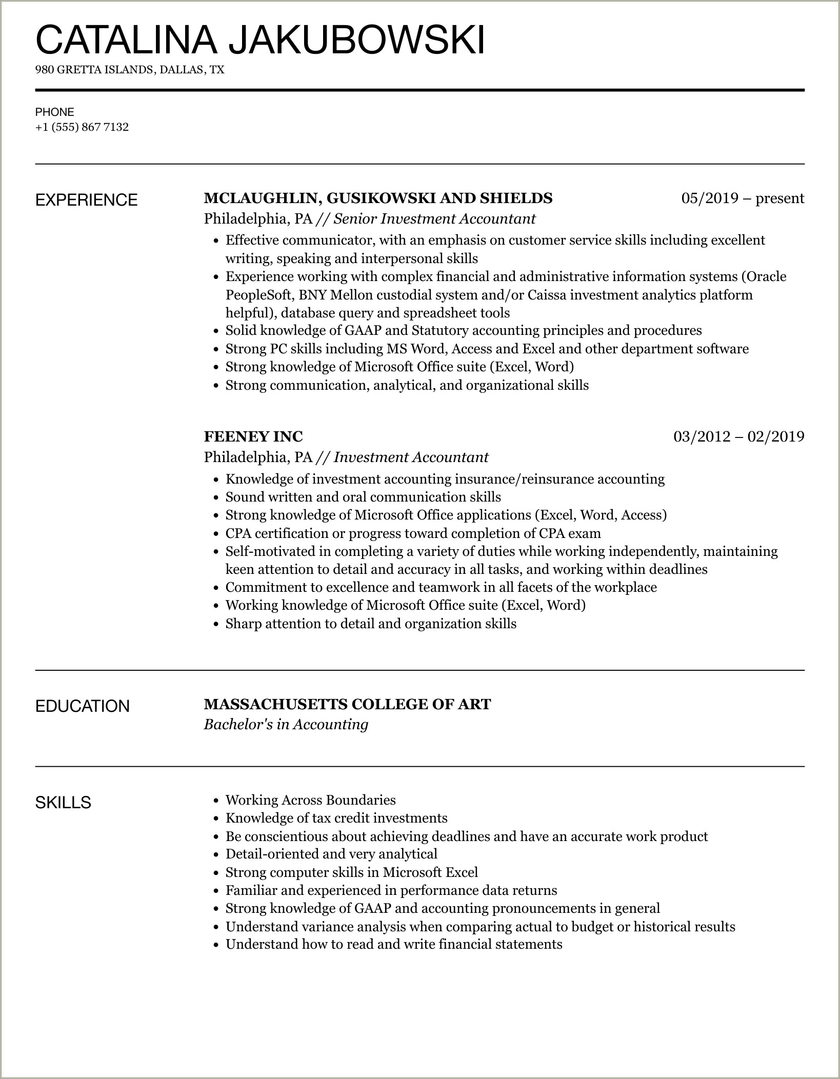 Resume Summary For A Investment Accountant