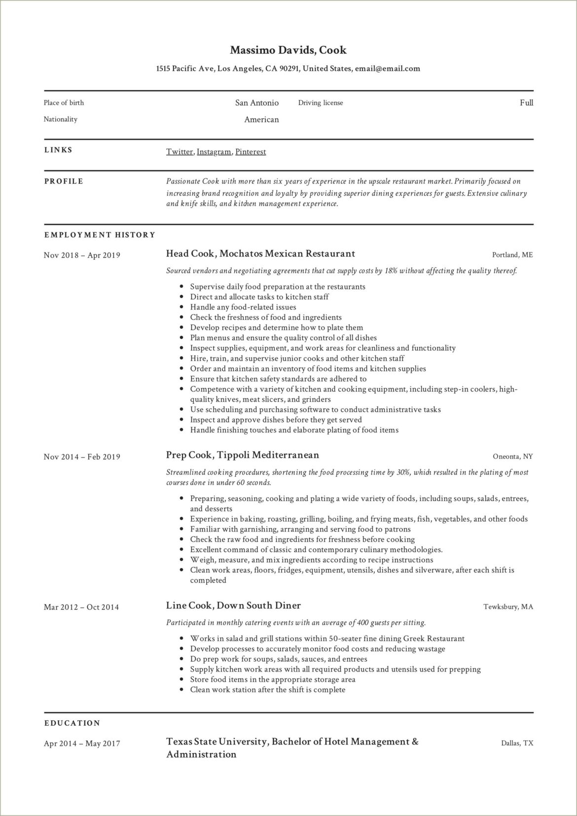 Resume Summary For A Line Cook