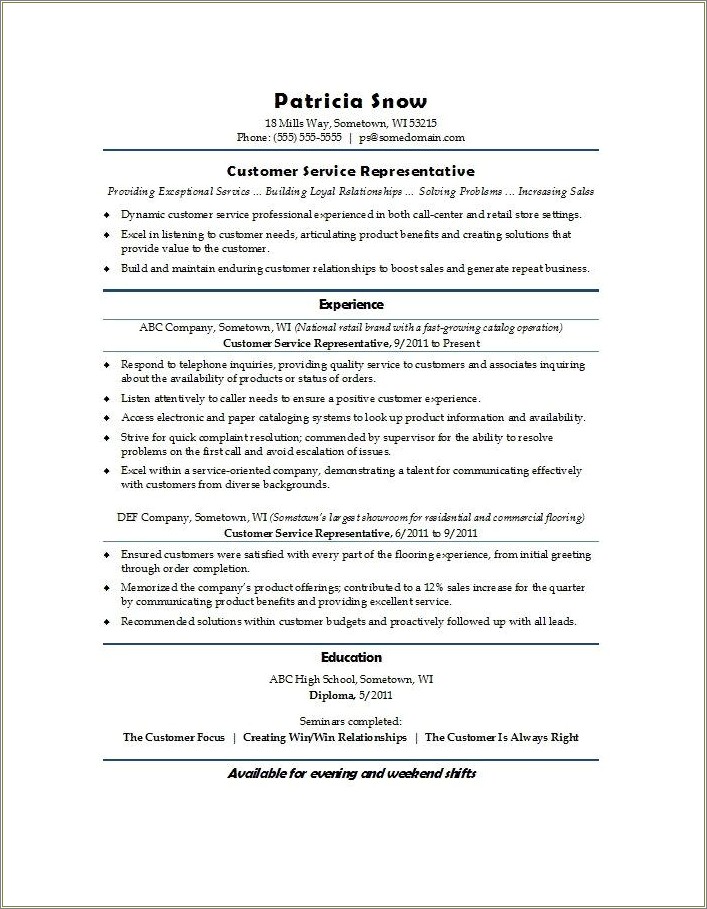 Resume Summary For A Service Advocate