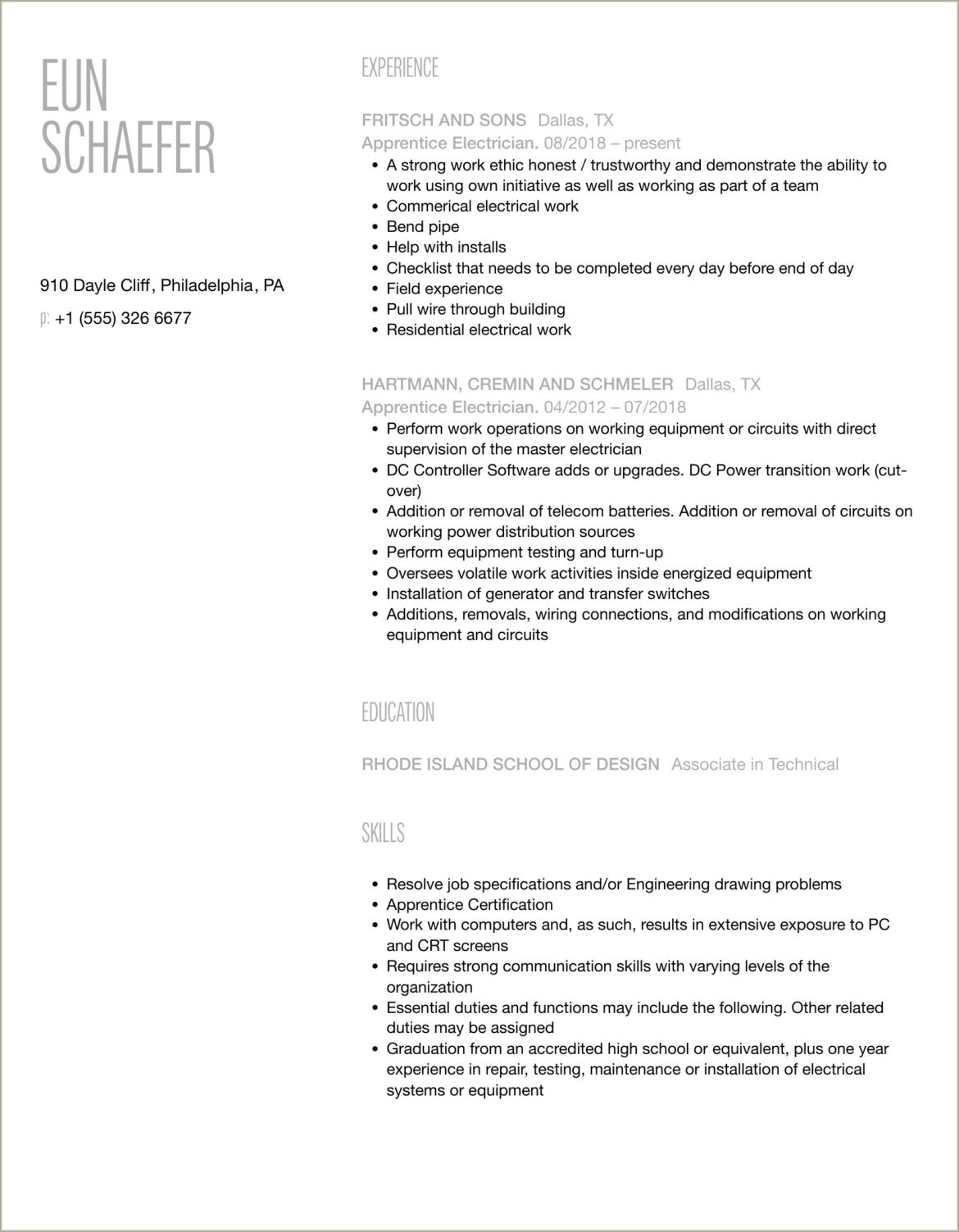 Resume Summary For An Apprentice Electrician