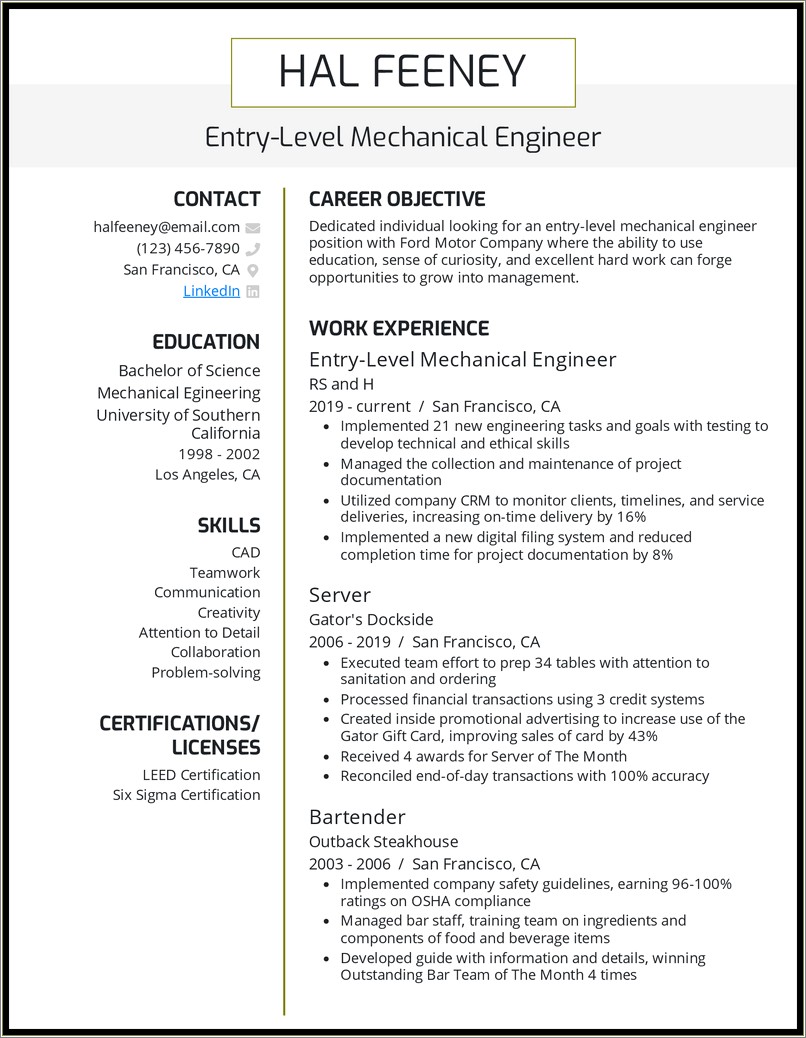 Resume Summary For An Entry Level Manufacturing Engineer