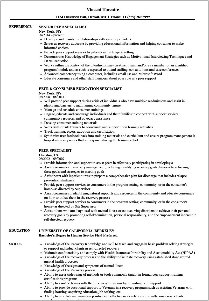 Resume Summary For An Ohio Certified Peer Supporter