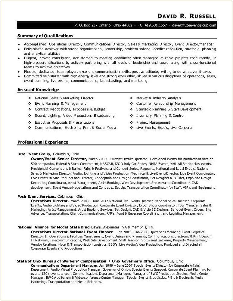 Resume Summary For Artist Relations Manager