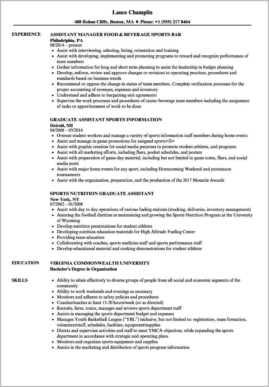 Resume Summary For Athletic Student Assistant