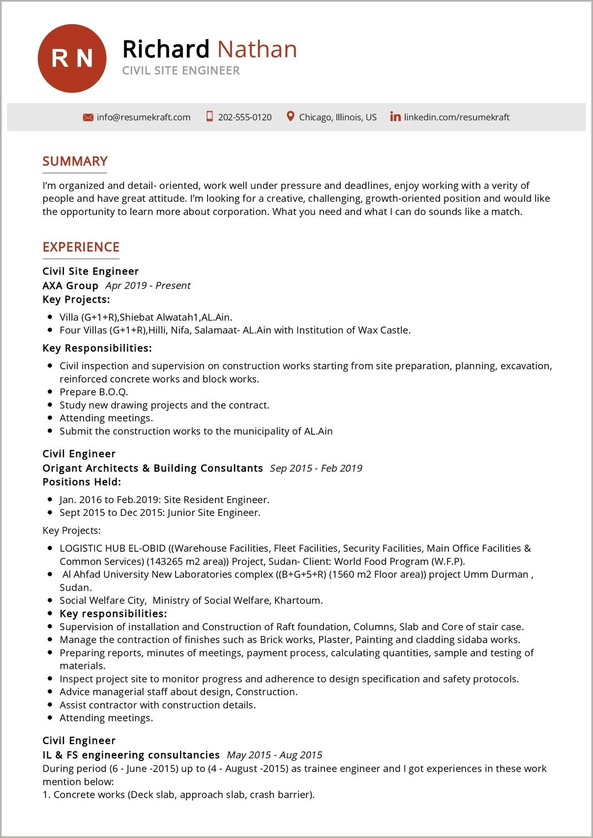 Resume Summary For Civil Engineer Fresher