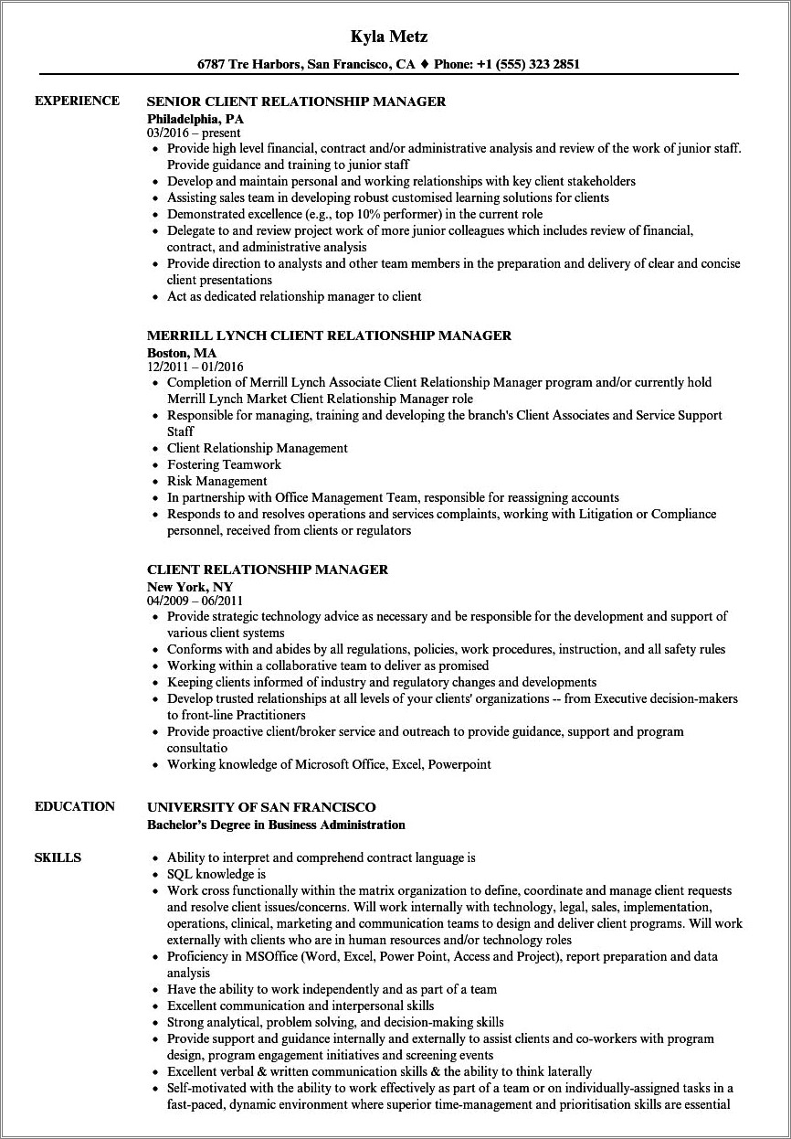 Resume Summary For Customer Relationship Manager