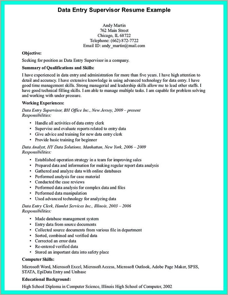 Resume Summary For Data Entry Clerk