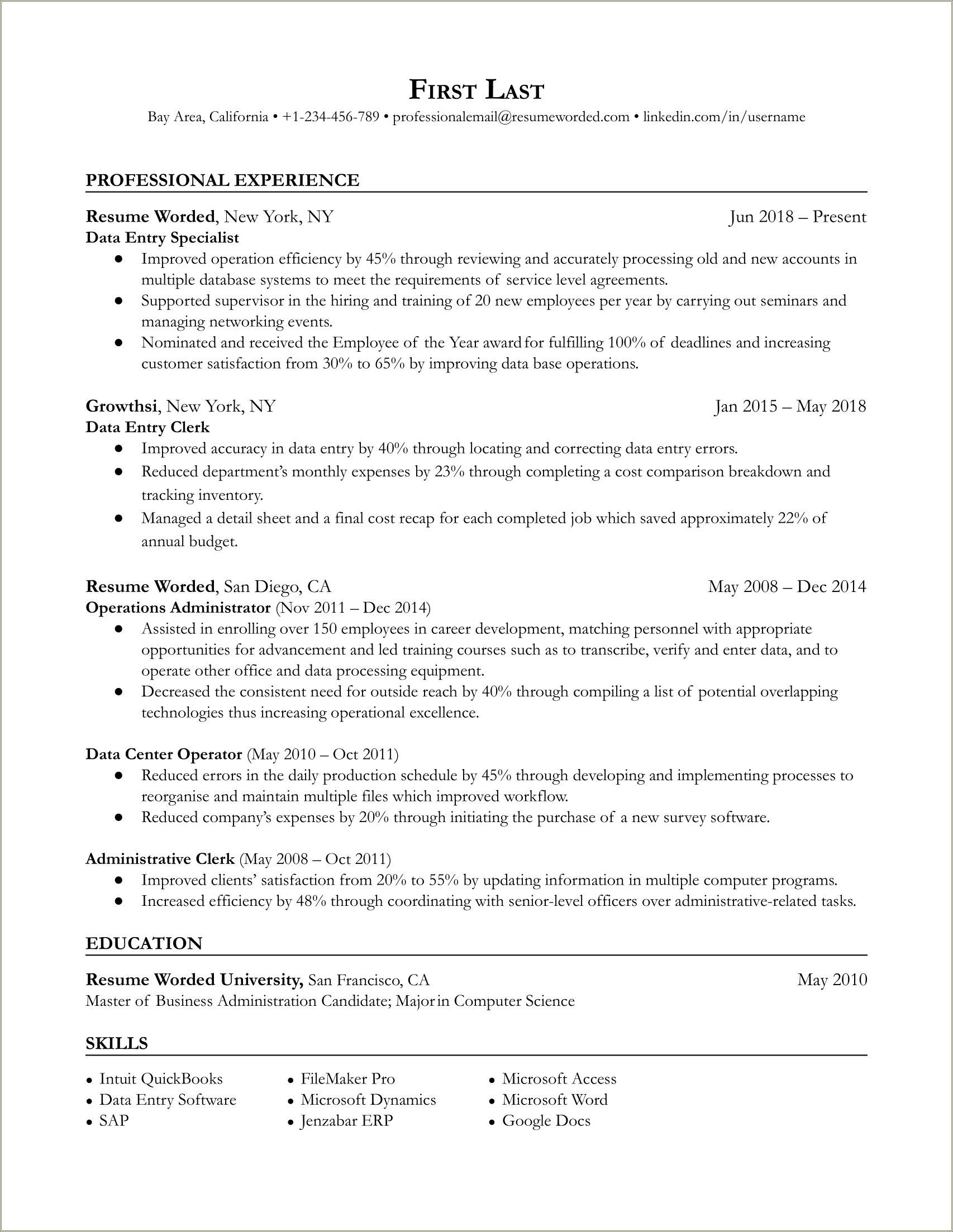 Resume Summary For Data Entry Position