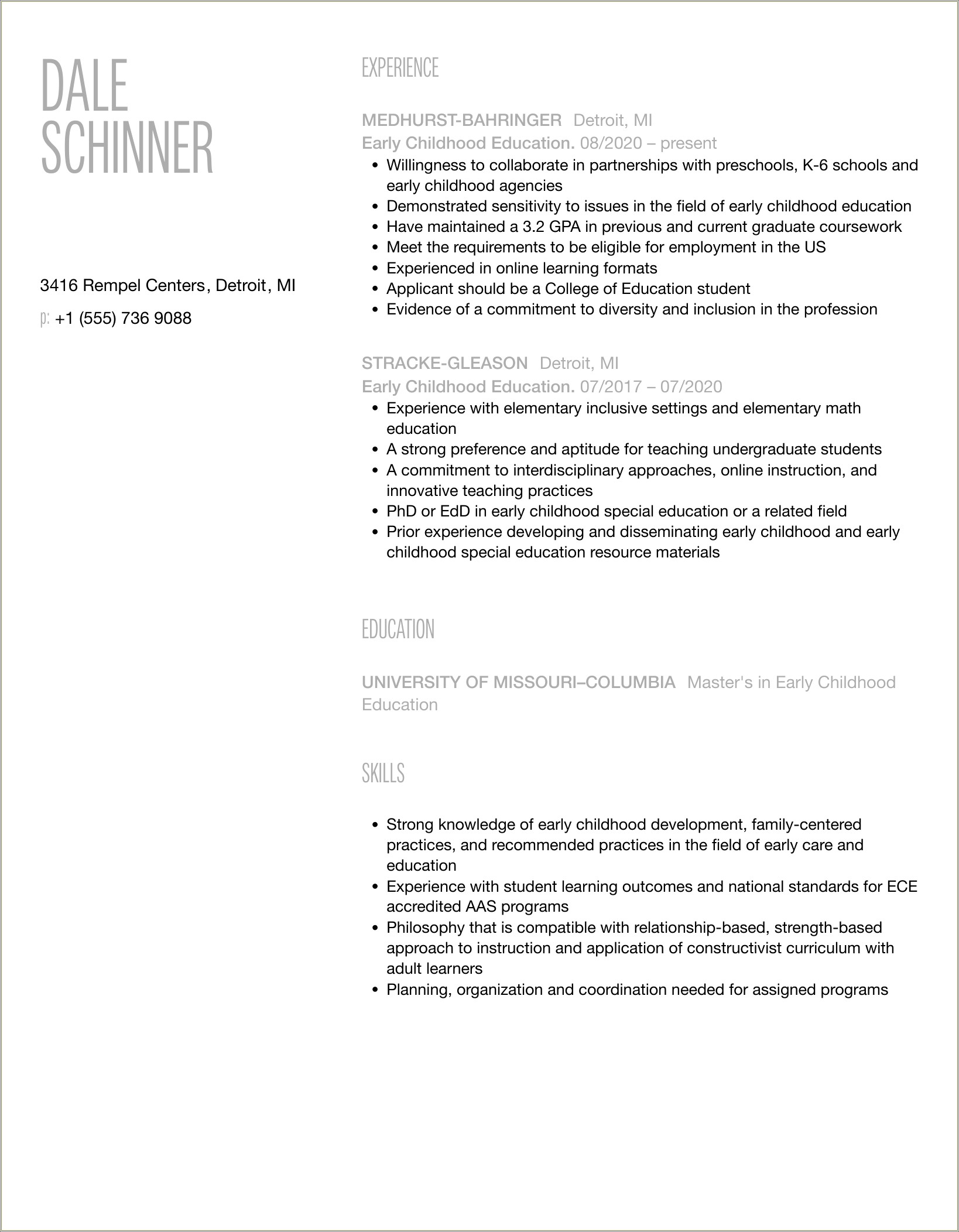 Resume Summary For Early Childhood Dvelopment