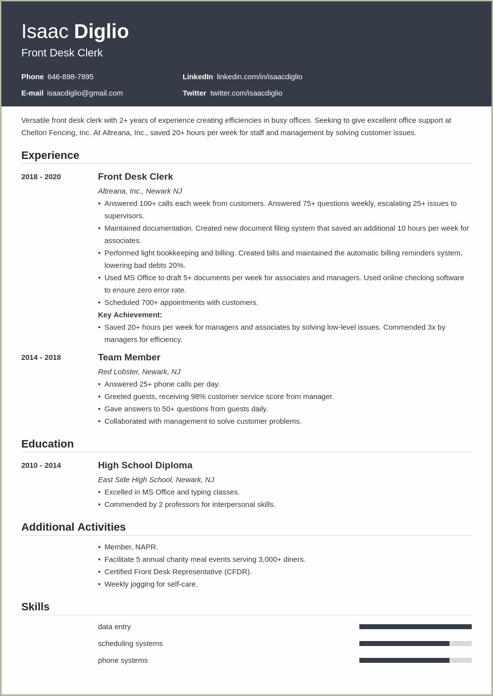 Resume Summary For Entry Level Front Desk