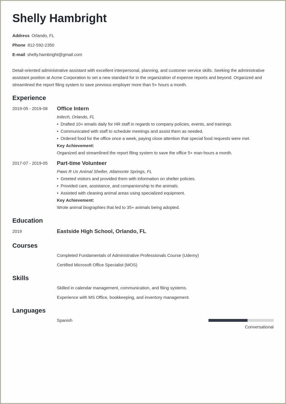 Resume Summary For Entry Level Office Job