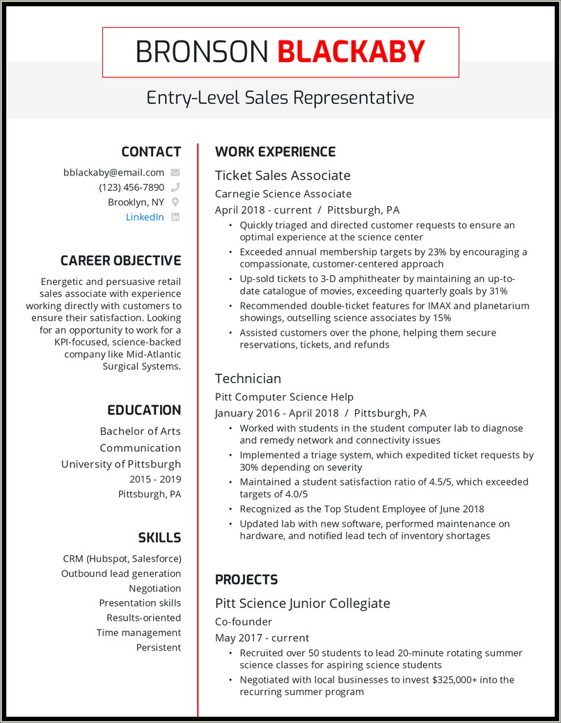 Resume Summary For Entry Level Sales