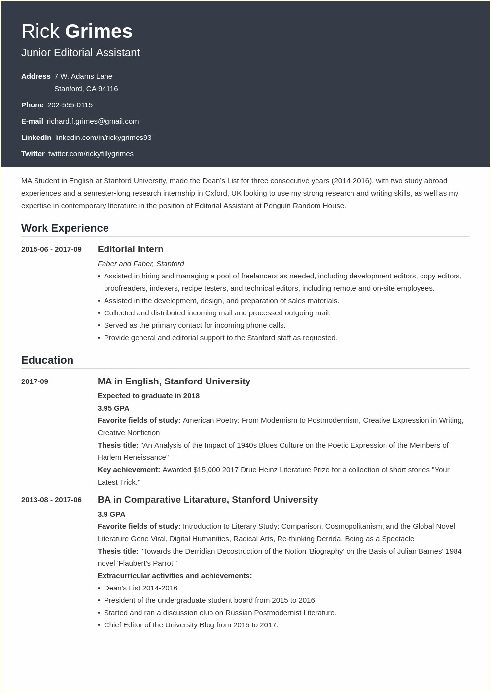 Resume Summary For Expected New Grad