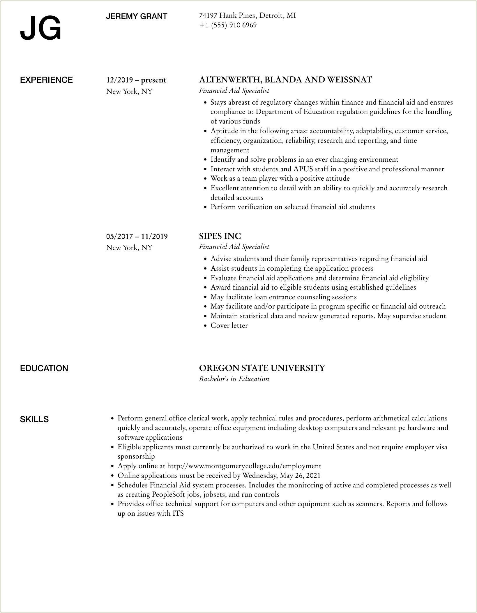 Resume Summary For Financial Aid Counselor