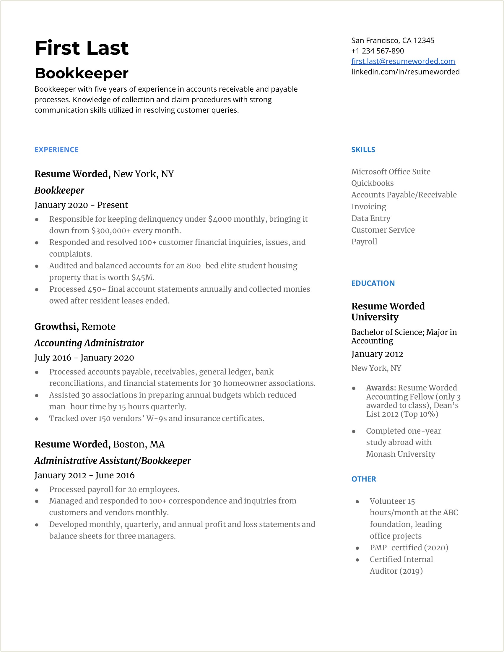 Resume Summary For Full Charge Bookkeeper