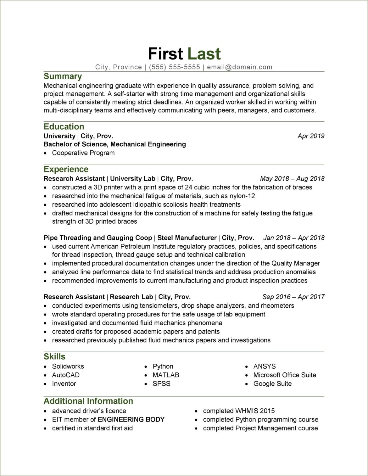 Resume Summary For Graduate Mechanical Engineer