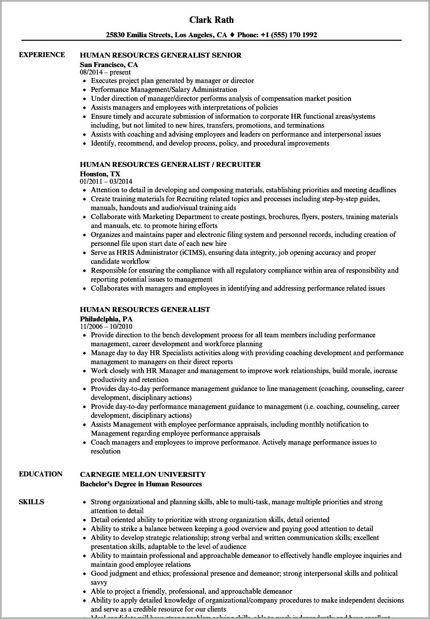 Resume Summary For Human Resources Generalist