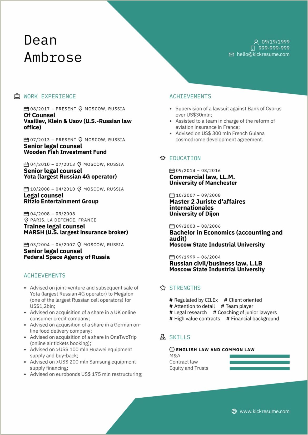 Resume Summary For In House Counsel