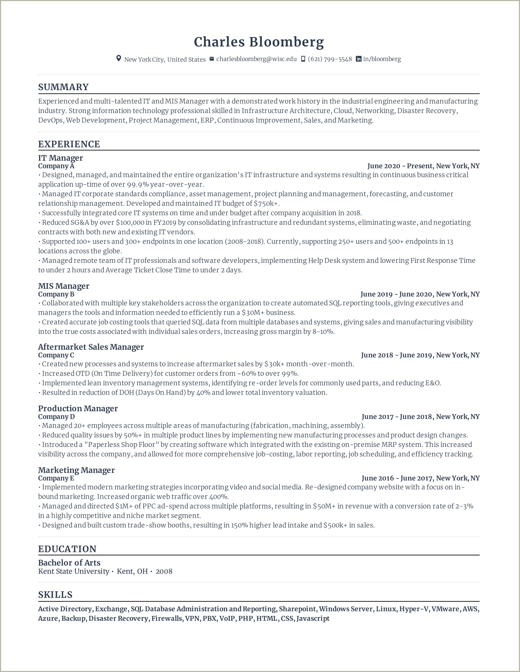 Resume Summary For Information Technology Major Sample