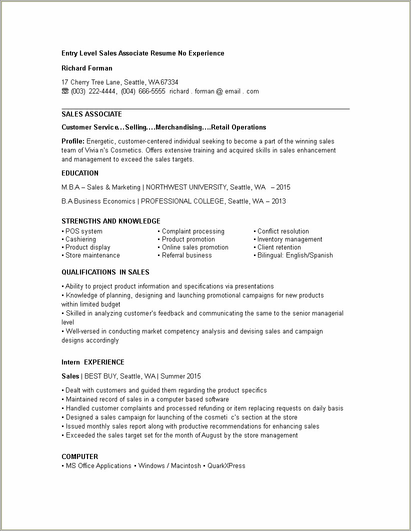 Resume Summary For Marketing Entry Level